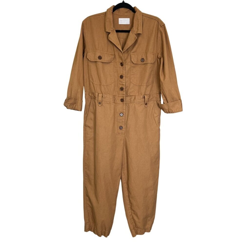 RE/DONE Cotton Linen Utility Boiler Jumpsuit Brown Size 12 Button Front